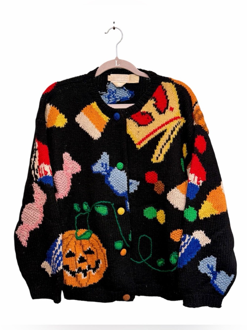 Vintage hand knit wool Halloween Trick-or-Treat cardigan sweater, Medium/Large